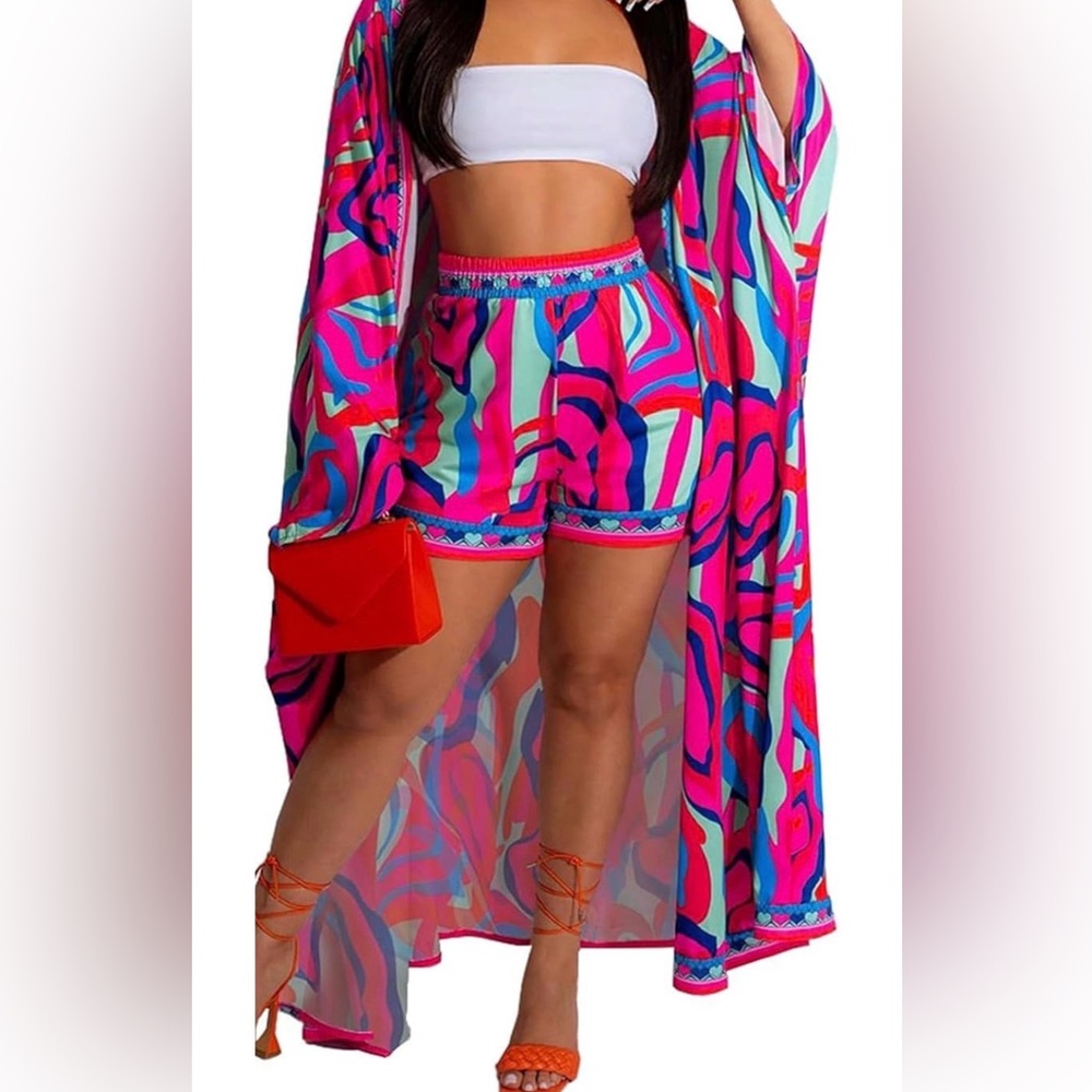 Vibrant Multicolor Kimono and Shorts Set